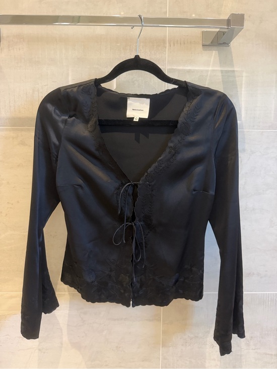 Reformation Tops - Reformation Black Satin Tie-Front Lace-Trim Top